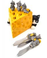 Sajt kés szett tartóval, Angol, egeres, macskás, új állapotban. 15x13 cm /  English design cat and cheese knives set