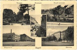 1942 Ungvár, Uzshorod, Uzhhorod, Uzhorod; Vár, Korzó, üzletek, Kossuth park, Galagó részlet, Gimnázium / castle, street view, shops, park, high school (gyűrődés / crease)