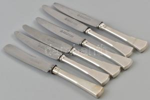 Ezüst (Ag) nyelű kés készlet 6 db, jelzett, XIX. sz. vége: Solingeni jelzett acél pengével, szép állapotban 19 cm