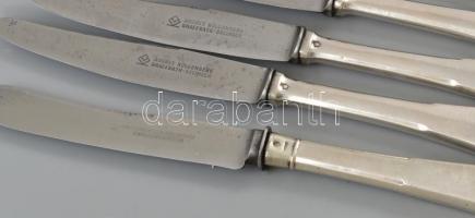 Ezüst (Ag) nyelű kés készlet 6 db, jelzett, XIX. sz. vége: Solingeni jelzett acél pengével, szép  ál...