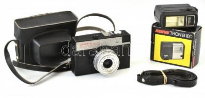 Lomo Smena 8M fényképezőgép T-43 40mm f/4 objektívvel, eredeti tokjában, kis foltoktól eltekintve jó állapotban + Revue Tron B180, eredeti dobozában és Panasonic PE-145 vakukkal, szíjjal.