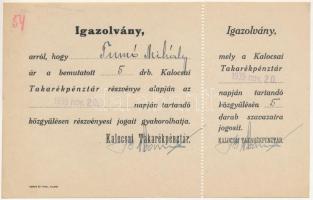 1939. Kalocsai Takarékpénztár 5db részvénye alapján kiállított igazolvány szelvénnyel T:I