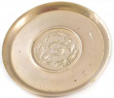 Díszes örmény fém tálca, kopásnyomokkal, d: 19 cm