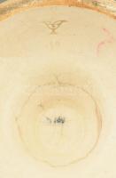 Régi festett mázas majolika váza, jelzett, máz alatti repedésekkel, az alján javított, m: 23 cm