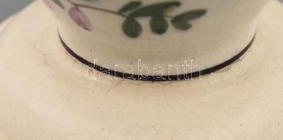 Régi festett mázas majolika váza, jelzett, máz alatti repedésekkel, az alján javított, m: 23 cm