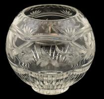 Díszes gömb alakú váza, metszett, gravírozott, kis karcolásokkal, m: 16 cm