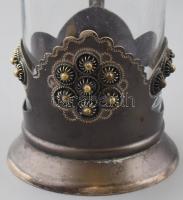 Pohárkészlet, 7 db, üveg betéttel,fém tartóban, m: 11,5 cmx7