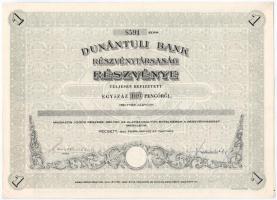 Pécs 1941. Dunántúli Bank Részvénytársaság részvénye 100P-ről szelvényekkel, szárazpecséttel, részben kitöltött T:I- tűlyukak