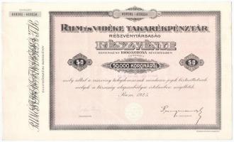 Rum 1925. Rum és Vidéke Részvénytársaság 50db részvénye egyben, összesen 50.000K-ról, szelvényekkel, bélyegzéssel T:III