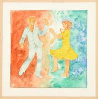 B. Séday Mária (1925-2009): Táncoló pár. Akvarell, ceruza, papír, jelzett. Üveg mögött. 15,5×15,5 cm