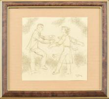 B. Séday Mária (1925-2009): Táncoló pár. Ceruza, papír, jelzett. Üvegezett keretben. 13,5×13,5 cm