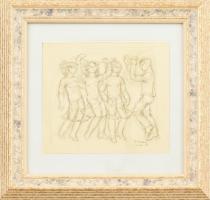 B. Séday Mária (1925-2009): Táncoló négyes. Ceruza, papír, jelzett. Üvegezett keretben. 12,5×13,5 cm