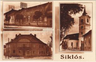 1933 Siklós, Postahivatal, Marics üzlete, Római katolikus templom, Főszolgabíróság. Böbl Nándorné és Fia kiadása