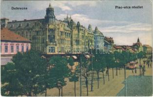 1915 Debrecen, Piac utca, villamos, Kontsek üzlete. Hegedüs és Sándor kiadása (EK)