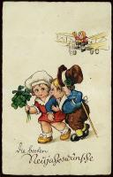 New Year, children, clover, aeroplane litho, Újév, gyerekek, lóhere, repülő litho