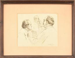 Géhl Zoltán (1888-1954): Szüle Péter festőművész mellszobrát formázzák, 1936. Ceruza, papír, jelzett. Üvegezett fa keretben, 18,5×23 cm