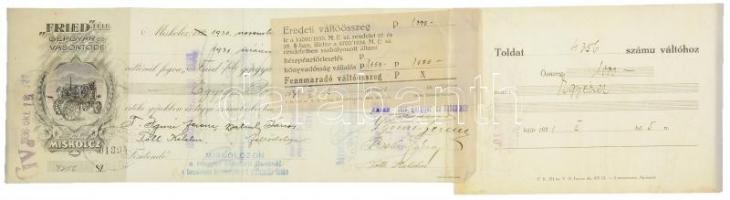 Miskolc 1930. Fried-féle Gépgyár és Vasöntöde Miskolcz kitöltött váltója 1000P-ről toldattal, bélyegzésekkel, illetékbélyegekkel T:III