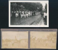 cca 1910 Aranyosmeggyes, házak tűzvész után, 2 db fotó, kartonra ragasztva, egyik sérült, 4×6 cm + 1964 Temesvár, felvonulás, fotó, 6,5×9,5 cm