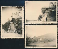 1940 Nógrádverőce, katolikus templom, Duna Panzió, út az Irma-forrás felé, 3 db feliratozott fotó, 6×8,5 cm