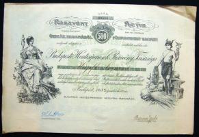 1918. "Budapest Hentesiparosok Részvény Társasága" részvénye 500K-ról, német és magyar nyelven, szelvényekkel