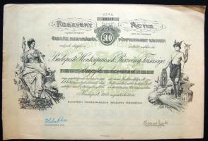 1918. "Budapest Hentesiparosok Részvény Társasága" részvénye 500K-ról, német és magyar nyelven, szelvényekkel