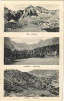 Tátra, Magas-Tátra, Vysoké Tatry; Öt-tó, Poprádi-tó, Felkai-tó / Fünfsee, Poppersee, Felkaersee / lakes in the High Tatras (képeslapfüzetből / from postcard booklet)