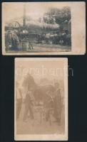 cca 1924-28 össz 4 db fotólap, 1 db aratáskor, 2 db gépek mellet álló emberek, 1 db lópatkolás közbe...