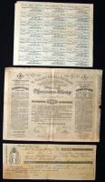 1906. "Magyar Jelzálog-Hitelbank" nyereménykötvénye 100K-ról, 3 nyelven + 1909. "Első Magyar Általános Biztosító Társaság" csekkje + 1930. "Magyar Orsz. Központi Takarékpénztár" részvényének a szelvénye