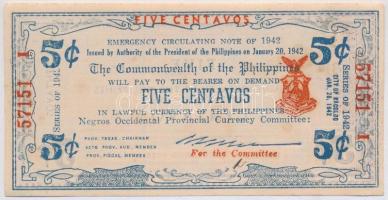 Fülöp-szigetek 1942. 5c szükségpénz, amely az emigráns kormány nevében készült T:I- Philippines 1942. 5 Centavos necessity note, issued in the name of the government-in-exile C:AU