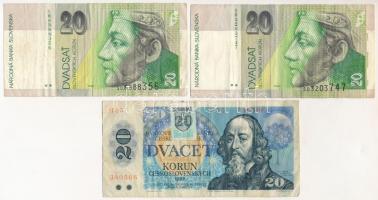 Szlovákia 1993. (1988) 20K szlovák bélyeggel + 2001. 20K (2x) T:III,III- Slovakia 1993. (1988) 20 Korun with Slovakian stamp + 2001. 20 Korun (2x) C:F,VG
