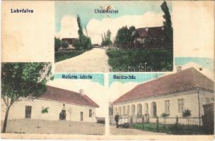 Lukafalva, Dózsa György, Gheorghe Doja, Lucafalau; utca, Református iskola, Bartha ház. Fogyasztási szövetkezet kiadása / street view, Calvinist school, manor house (lyukak / pinholes)