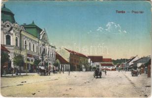 Torda, Turda; Piac tér, Salamon Jakab, Fülöp Mór üzlete, gyógyszertár, Korona szálloda / square, shops, pharmacy, hotel (kopott sarkak / worn corners)