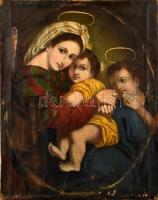 Raffaello (1483-1520) után, jelzés nélkül, feltehetően XIX. sz. festő alkotása: Madonna della Sedia. Olaj, vászon. Sérült, restaurált. 78x62 cm