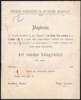 cca 1902. A Szegedi Kisdedóvó és Jótékony Nőegylet meghívója az évi rendes közgyűlésre. Kissé foltos, koszos állapotban.