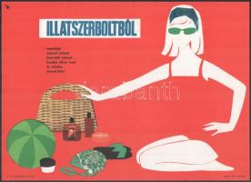 1964 Villamosplakát: Illatszerboltból napolajat, napozó krémet és minden strandcikket, 33,5×24 cm