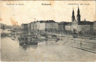 1914 Budapest V. Petőfi tér, rakpart, gőzhajó (fl)