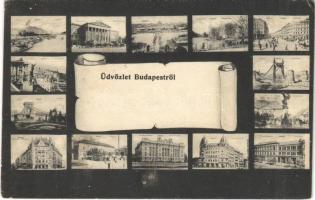 1906 Budapest, mozaiklap: Duna-part, Nemzeti Múzeum, Városliget, Teréz körút, Szent Gellért szobor, Erzsébet híd, Lánchíd, Honvéd szobor, Báthory utca, Császár fürdő, Osztrák-Magyar Bank, Szabadság tér, Kir. József Tudományegyetem (r)