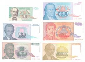 Jugoszlávia 1994. 10D + 100D + 1000D + 5000D + 50.000D + 500.000D (6xklf) T:I,I- Yugoslavia 1994. 10 Dinara + 100 Dinara + 1000 Dinara + 5000 Dinara + 50.000 Dinara + 500.000 Dinara (6xdiff) C:UNC,AU