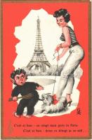 Cest si bon - so singt man gern in Paris / Krampus art postcard, lady with dog. Entwurf Akad. Maler K. WSW 1364.