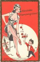 Herzliche Krampusgrüsse! / Krampus with lady, erotic humour - modern art postcard (EK)