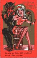 Gruß vom Krampus / Krampus with lady, chains, erotic humour - modern art postcard