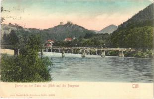 1908 Celje, Cilli; Partie an der Sann mit Blick auf die Burgruine / bridge, castle ruins (EK)