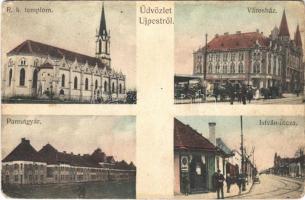 1914 Budapest IV. Újpest, Rómmai katolikus templom, városház, pamutgyár, István utca, piac, Kohn és Fischer üzlete (EK)