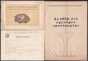 Vegyes sport témájú nyomtatványok és fotók (Minősítő tornaversenyek kötelező gyakorlatai, belépési nyilatkozat, 1952. évi egységes sportnaptár, bicikliverseny, úszóverseny, stb.), 10 db