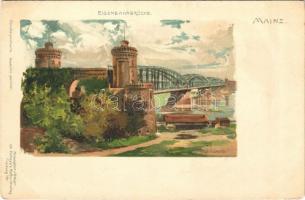 Mainz, Eisenbahnbrücke / railway bridge. Joh. Elchlepps Künstlerpostkarte litho s: C. Münch