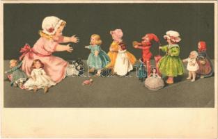 Children art postcard, girl with dolls. Meissner & Buch Künstler-Postkarten Serie 2000. Puppenmütterchen litho