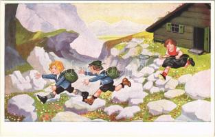 Children art postcard, hiking, humour. WSSB 9273.