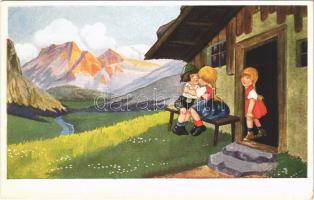Children art postcard, hiking, humour. WSSB 9273. (EB)