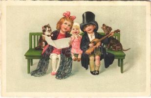 Children art postcard, singing with cat and dog. No. 995.