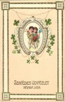 1912 Szívélyes üdvözlet névnapjára / Children art postcard with Name Day greeting, clovers. G.G.K. No. 437. (EK)